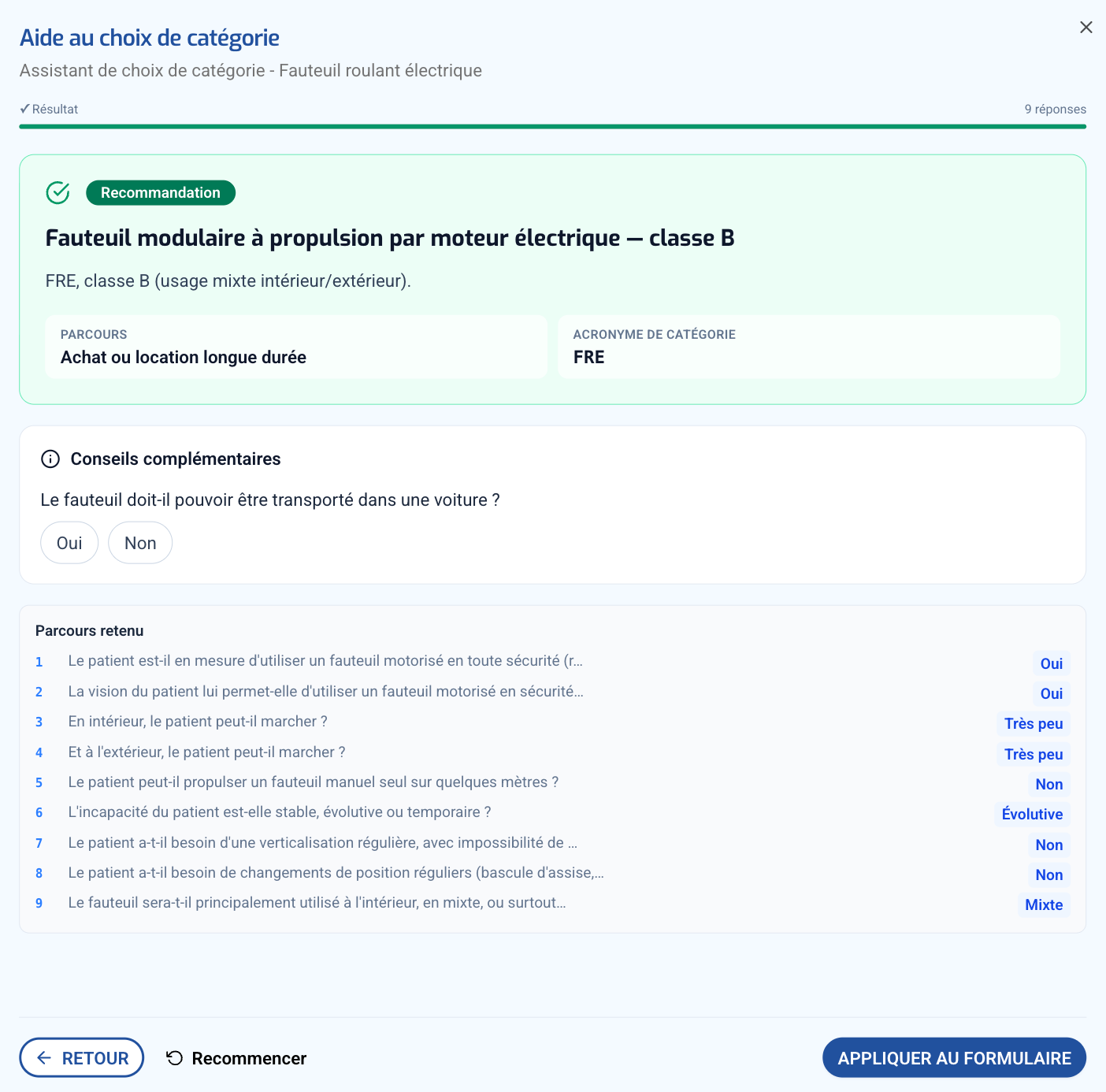 Évaluation, aide au choix de catégorie